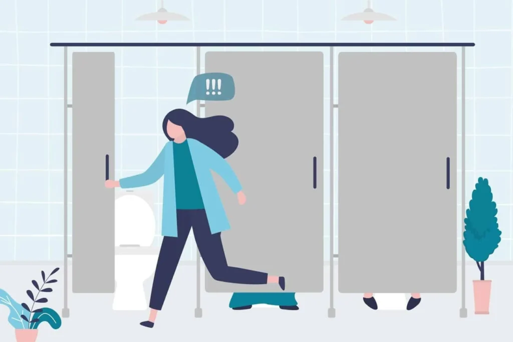 graphic of Urine incontinence Bexhill woman running to the toilet.